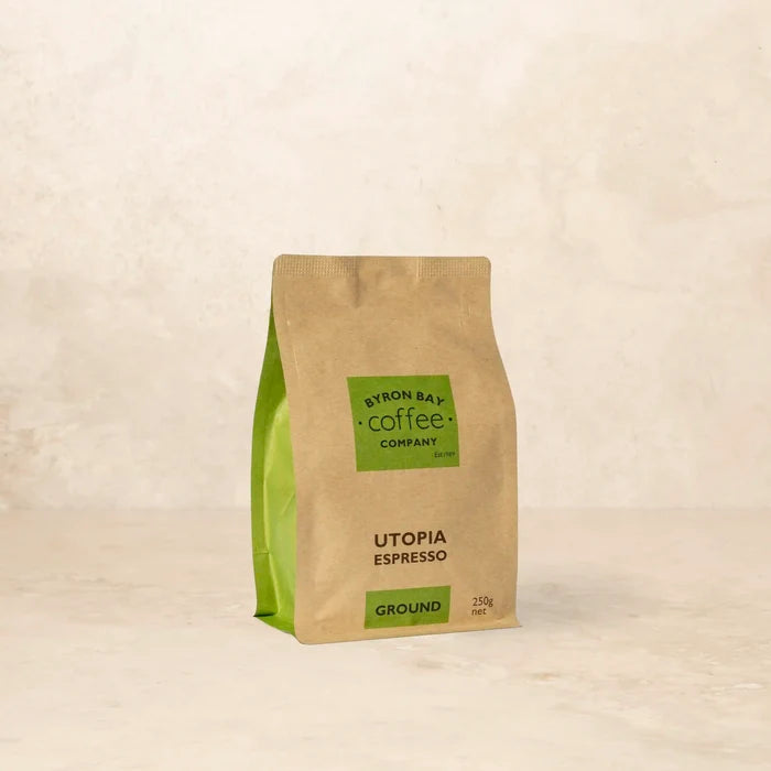 Bag of Utopia Espresso coffee with stone fruit and toffee aroma