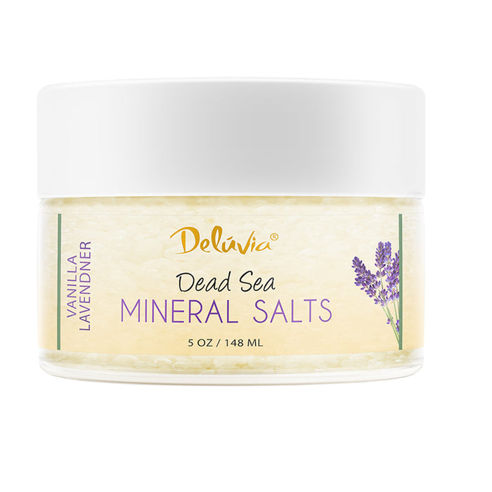 Jar of 5oz Deluvia Vanilla Lavender Dead Sea Mineral Salts Bodycare