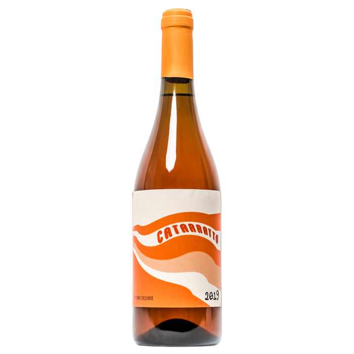 Orange wine bottle with 'Catarratto' 2019 label and orange foil cap
