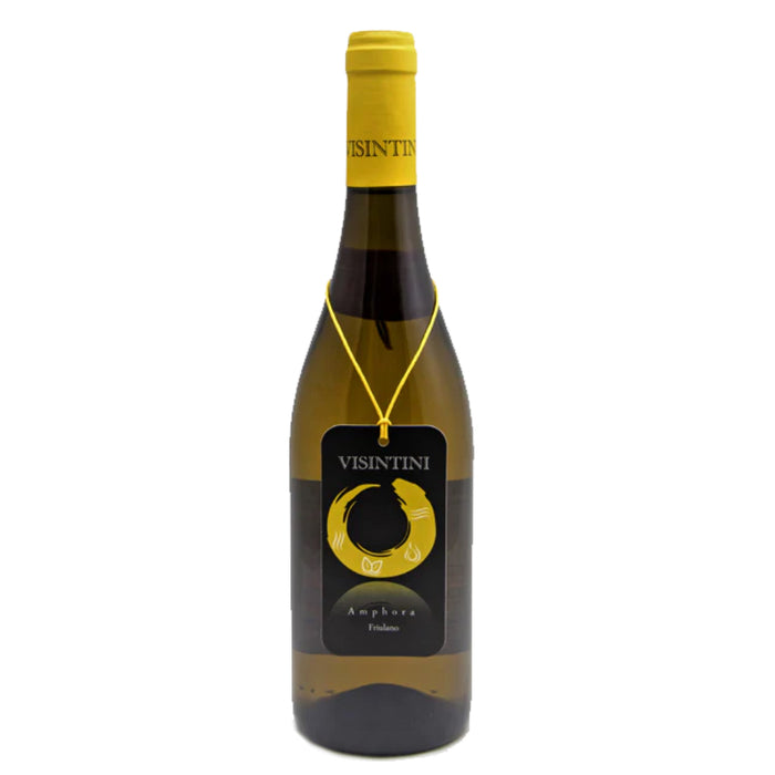 Visintini Friulano wine bottle with yellow foil cap and black label