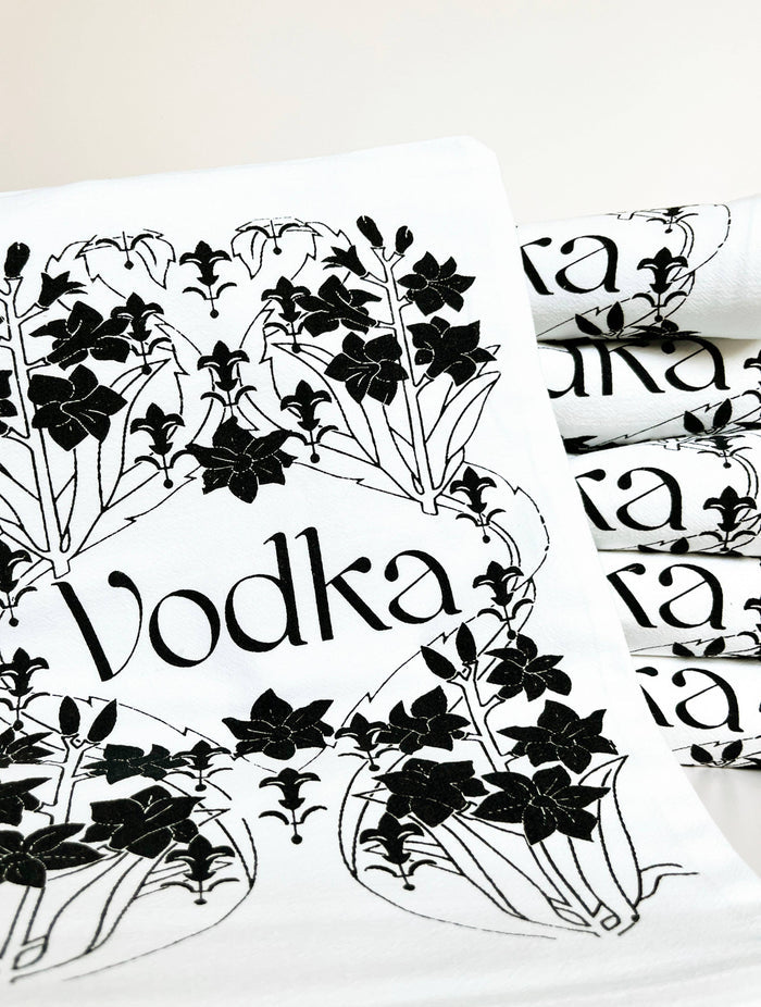 Retro art deco vodka tea towel from The Coin Laundry, stylish kitchen towel with vintage bar decor design.