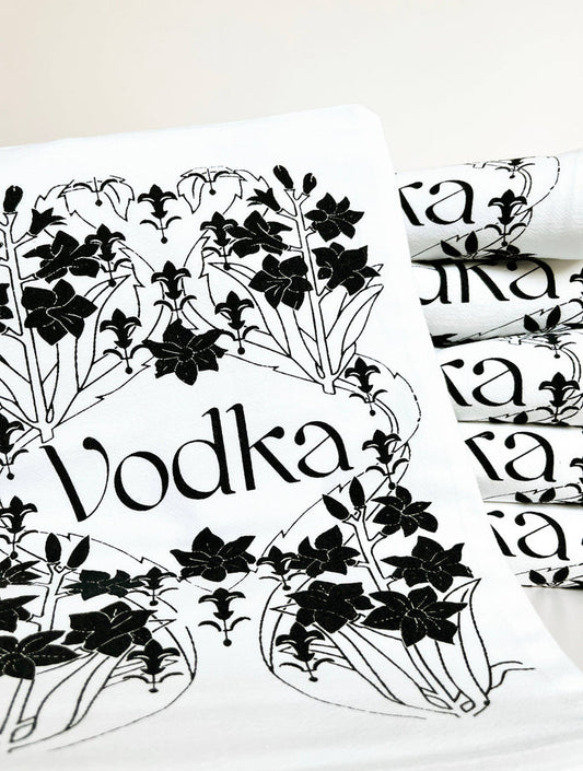 Retro art deco vodka tea towel from The Coin Laundry, stylish kitchen towel with vintage bar decor design.