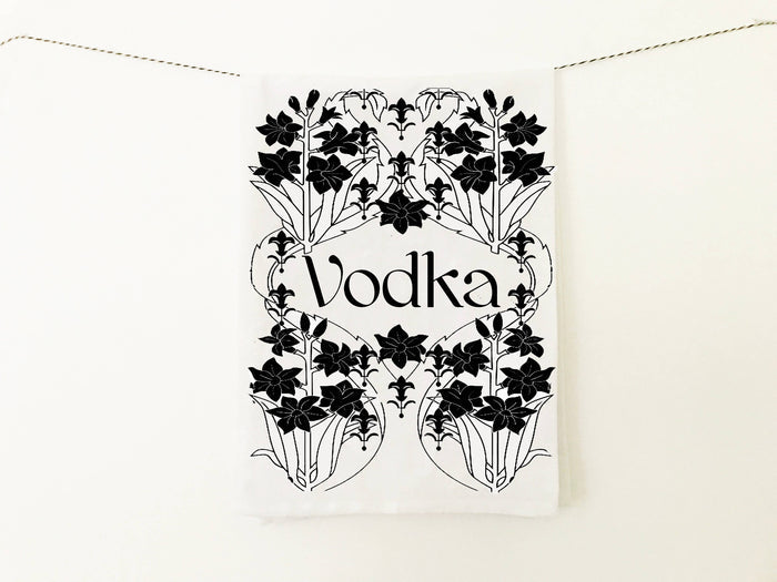 Retro Art Deco bar-themed vodka tea towel by The Coin Laundry, featuring vintage-inspired kitchen towel design with bold graphics.