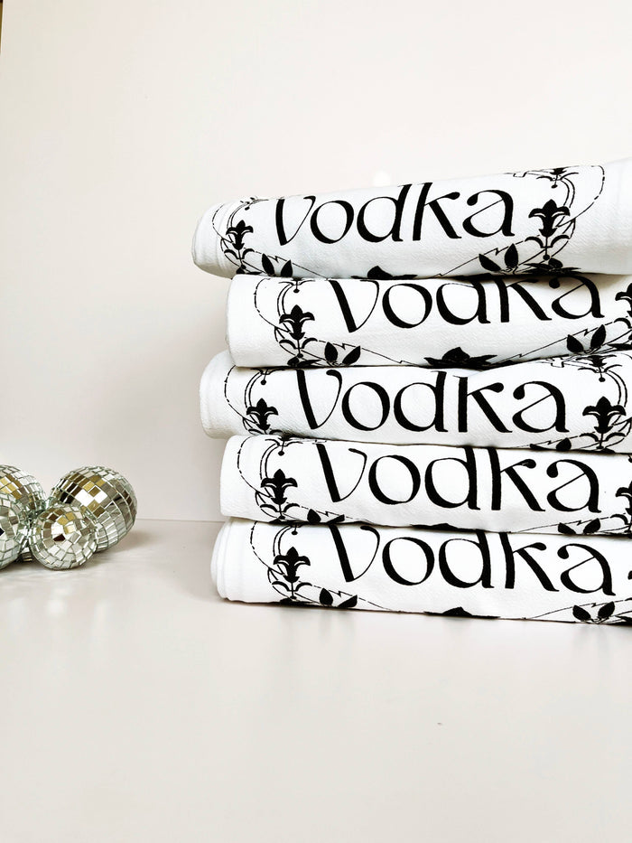 Retro art deco vodka tea towel from The Coin Laundry, stylish kitchen towel with vintage bar decor design.
