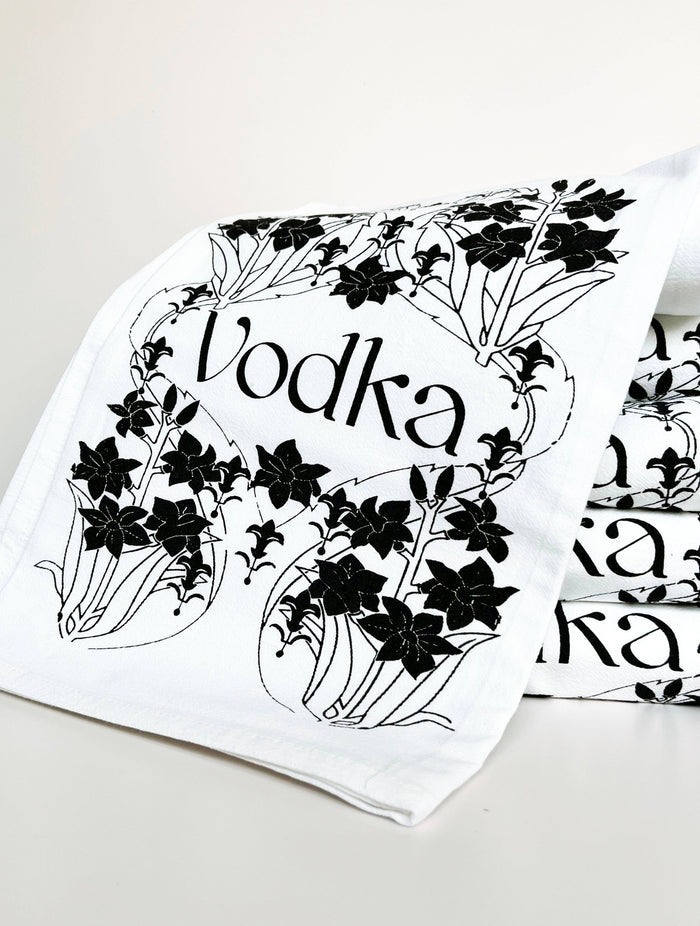 Retro art deco vodka tea towel from The Coin Laundry, vintage-inspired bar decor and stylish kitchen towel design.