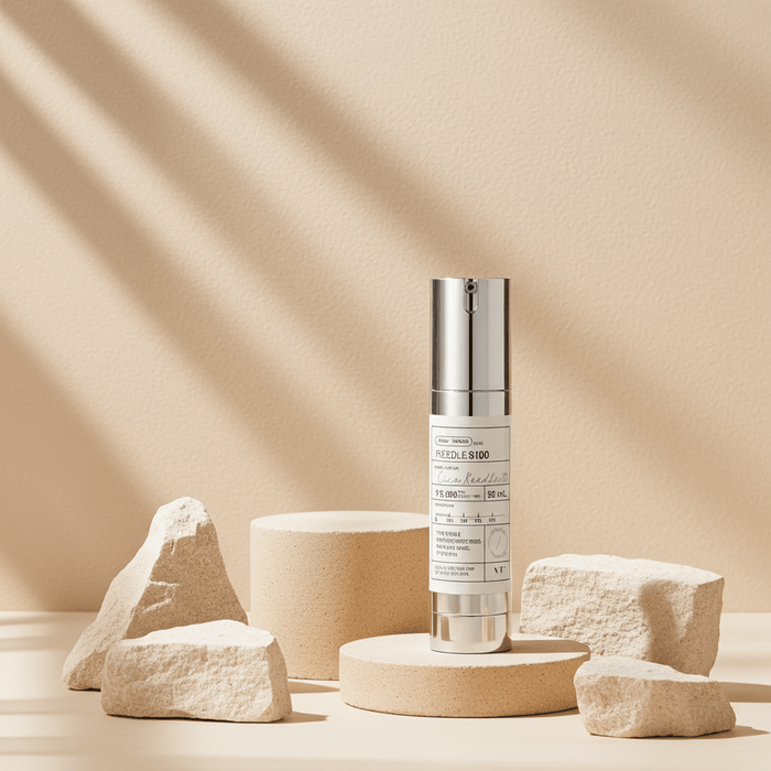 cosmetics jar on stone beige podium