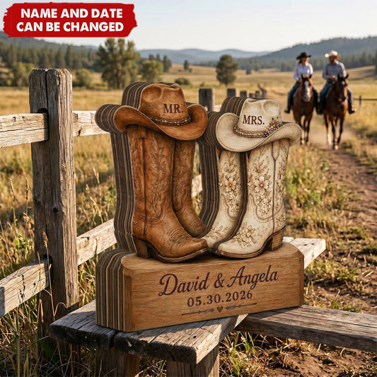 Western Wedding Mr and Mrs - Personalized Wooden 4-Layer Block