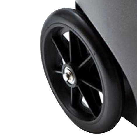 Close-up of a black wheel on an o2 concepts oxlife independence cart