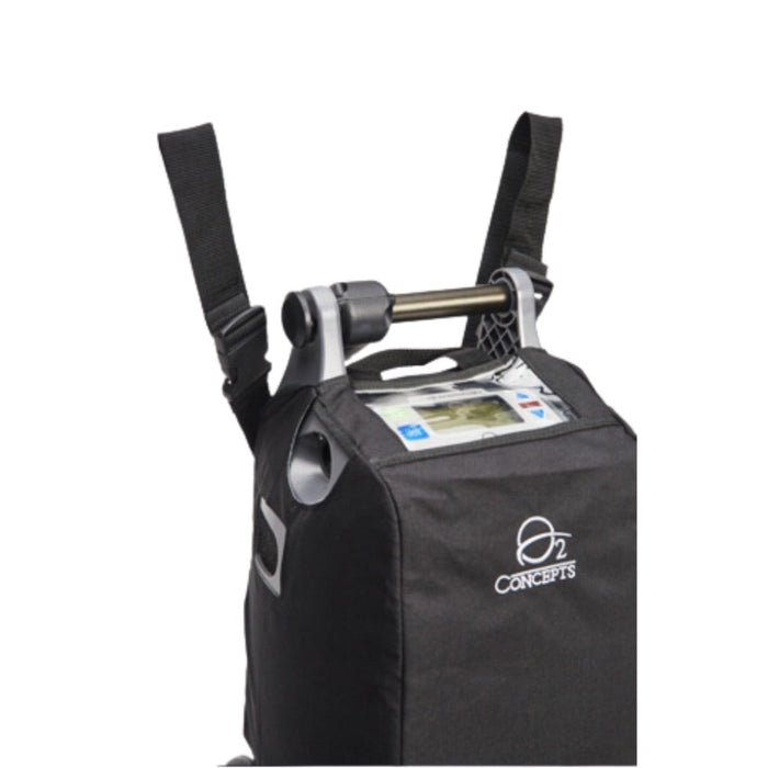 Black backpack with digital display and 'O2 Concepts' logo on a white background