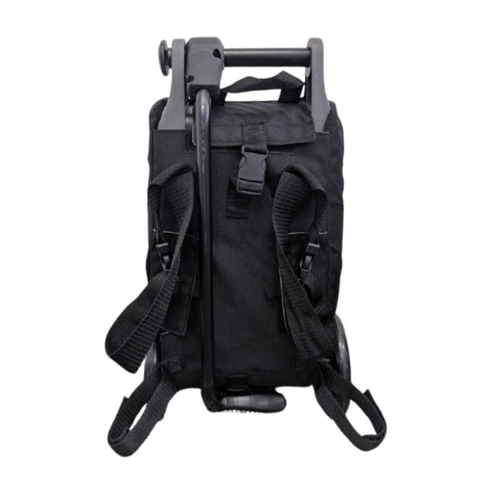 Black backpack with a rolling handle on a white background