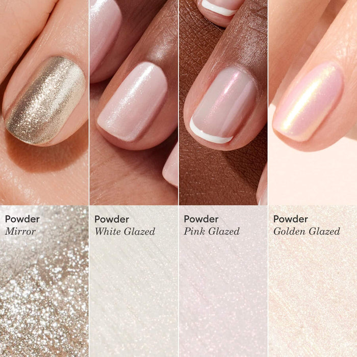 Close-up of four manicured nails, featuring Manucurist's White Glazed Effect Powder, alongside metallic mirror, pink glazed, and golden glazed finishes—each paired with shimmering powder swatches for a lustrous pearl-like shine.
