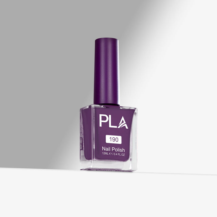 Purple nail polish bottle with 'PLA' branding on a gray background