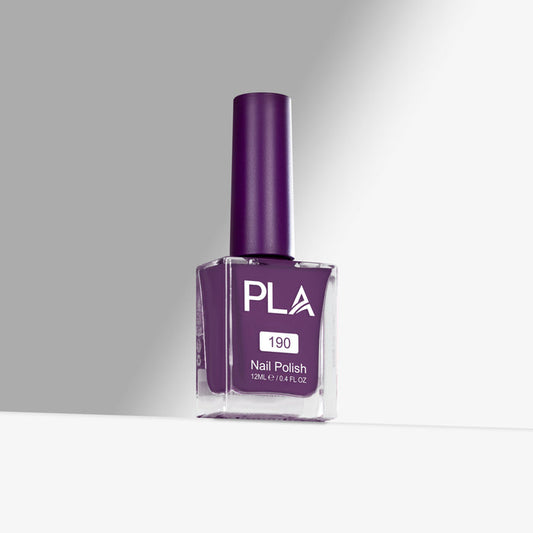 Purple nail polish bottle with 'PLA' branding on a gray background