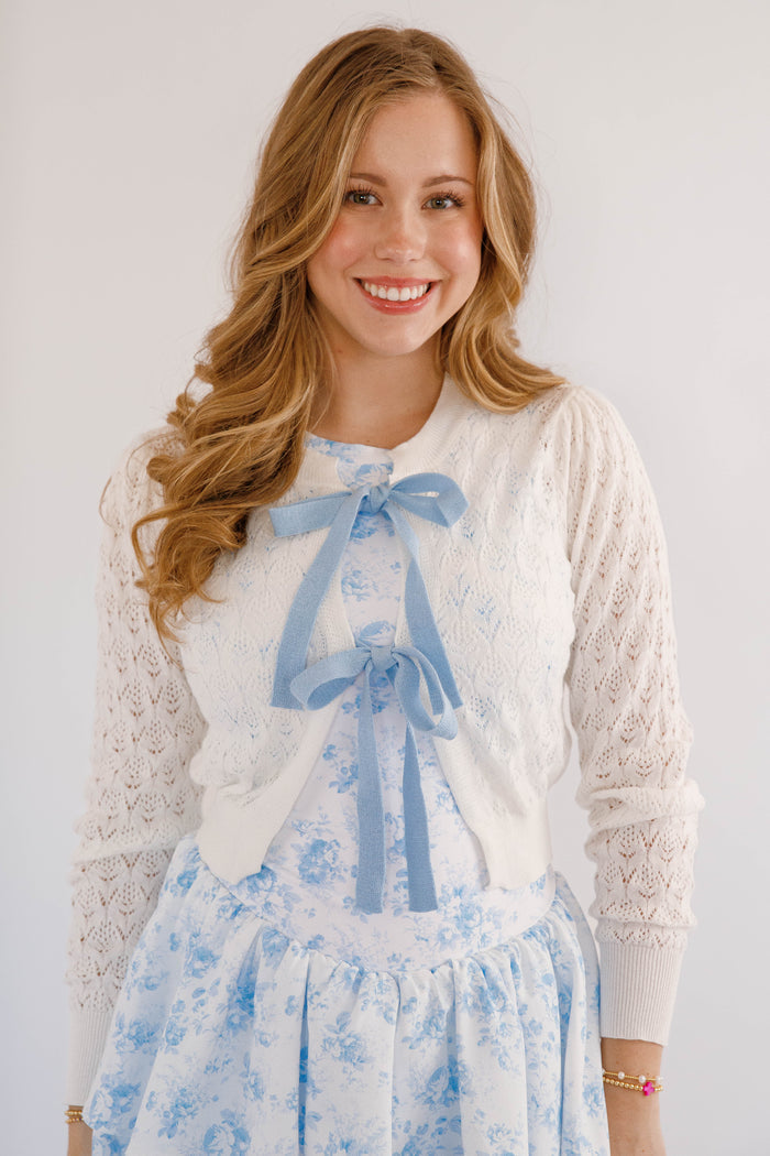 White Pointelle Knit Top- Bow Cardigan- Storia Blue Bow Cardigan