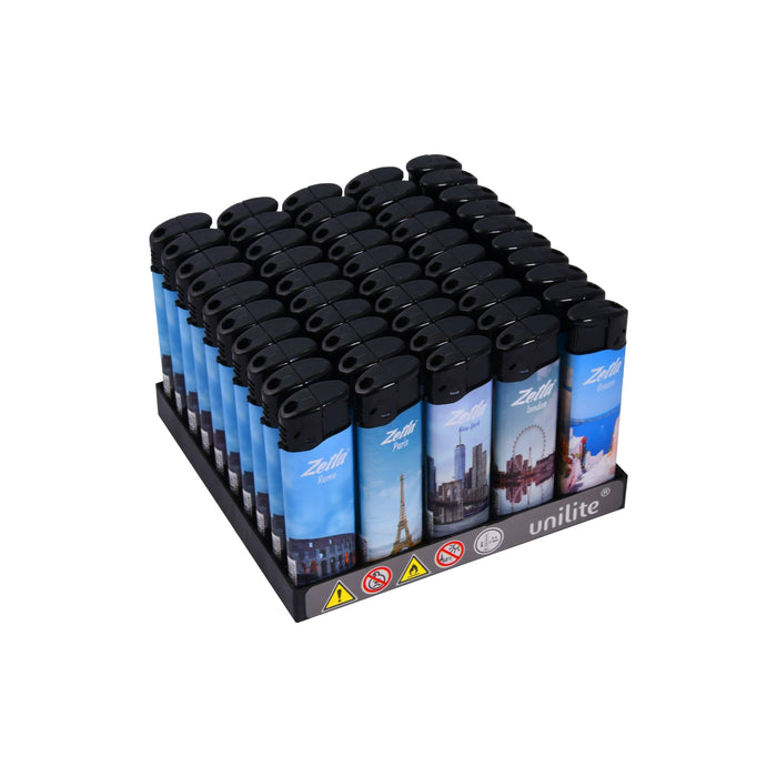 Upper view of Zetla Click Lighters The Cities – Bulk pack of 50 push button lighters with city-themed design and adjustable flame